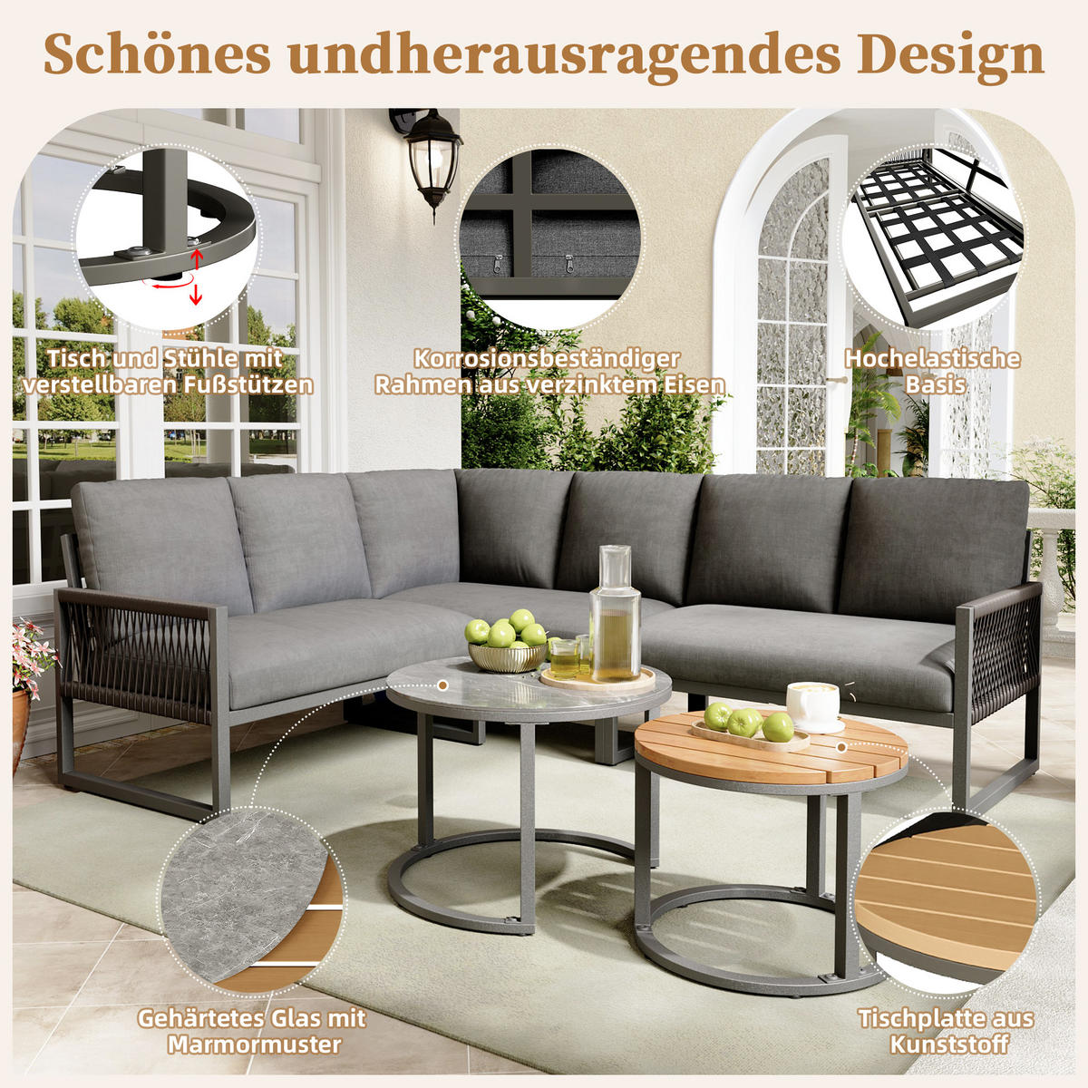 LOUNGESET 6-7 Personen Grau Mit Verstellbaren Füßen - Grau, Metall - FLIEKS