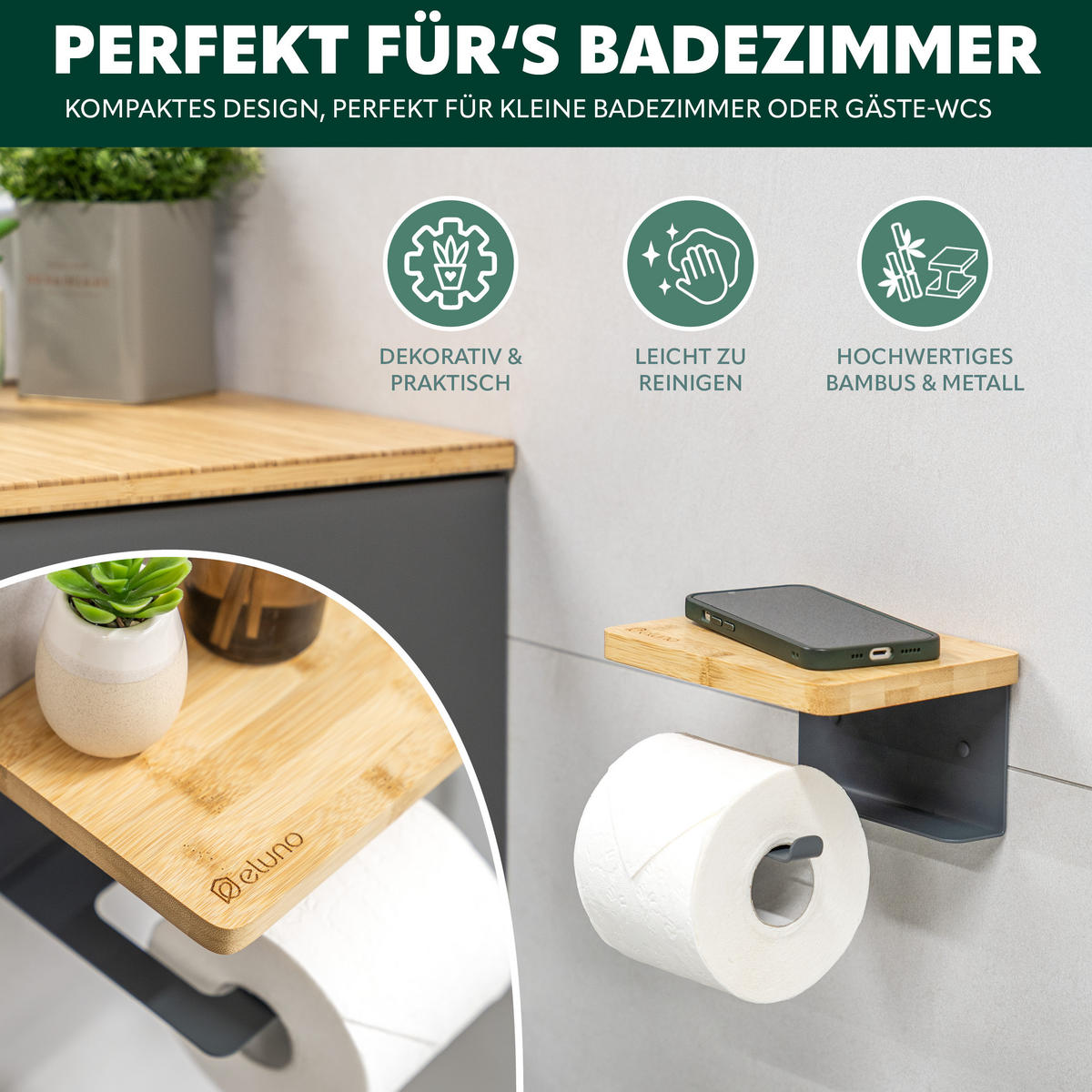 TOILETTENPAPIERHALTER VARAZ mit Ablage, Metall und Bambus - Grau, Metall (18/9.5/13cm) - eluno