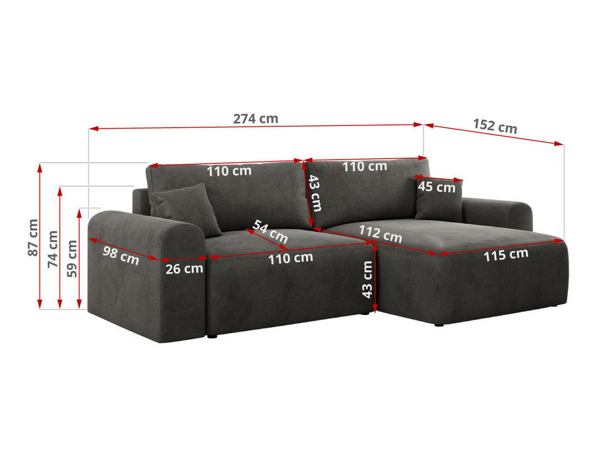 ECKSOFA NELSON Dunkelgrau Velvet - Dunkelgrau/Schwarz, Kunststoff/Textil (274/152cm) - MKS