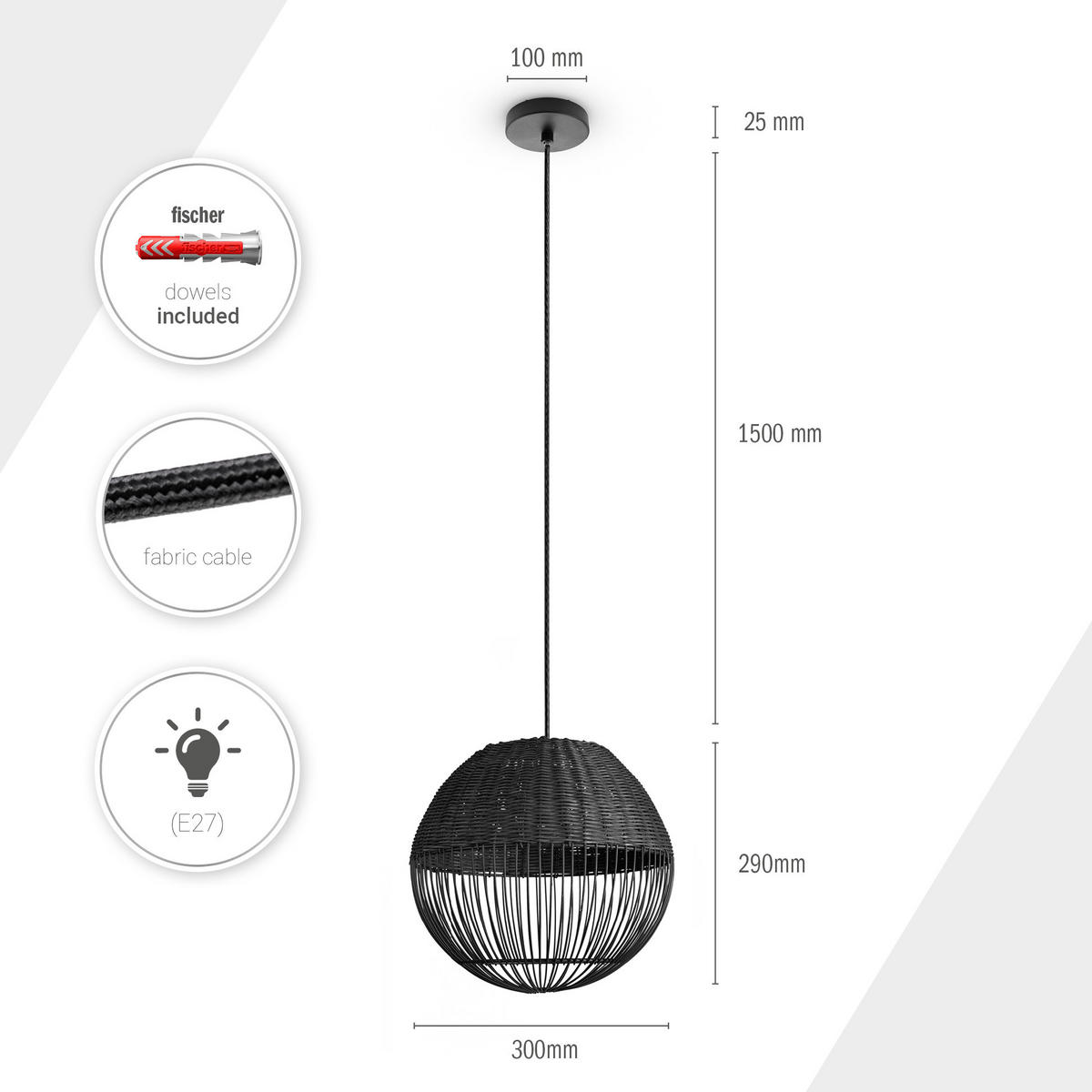 PENDELLEUCHTE Puro - Schwarz, Metall (30/30/29cm) - Paco Home