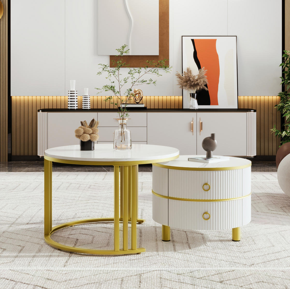 COUCHTISCH-SET, MDF mit Marmormuster und Hochglanzplatte, 2 runde Tische mit Schubladen, 70/70/46 + 50/50/40 cm, Gold und Weiß - Weiß, Holzwerkstoff (70/70/46cm) - Redom