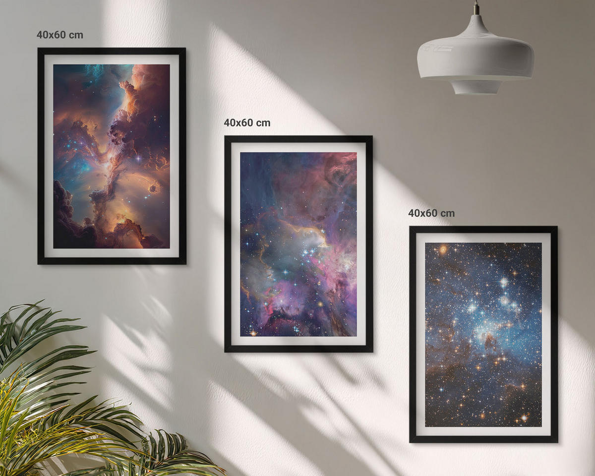 BILDER SET 3er Set - 40x60 cm Schwarzer Rahmen - Kosmische Sternenlandschaften - Schwarz, Kunststoff (40/60cm) - TULUP