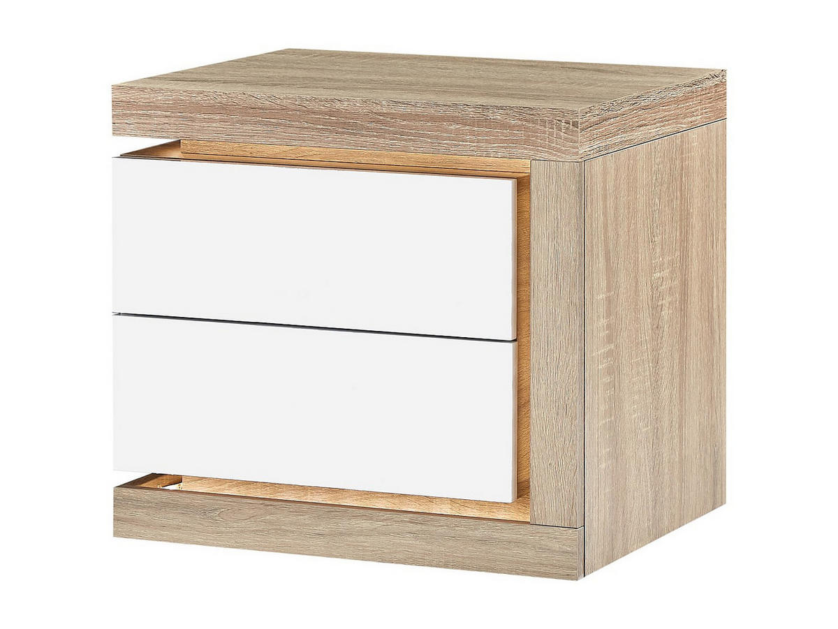 NACHTTISCH mit 2 Schubladen - rechte Seite - Mit LED-Beleuchtung - Weiß lackiert und Holzfarben - FLARANCIA - Naturfarben, Holz (50/45/40cm) - Vente-Unique