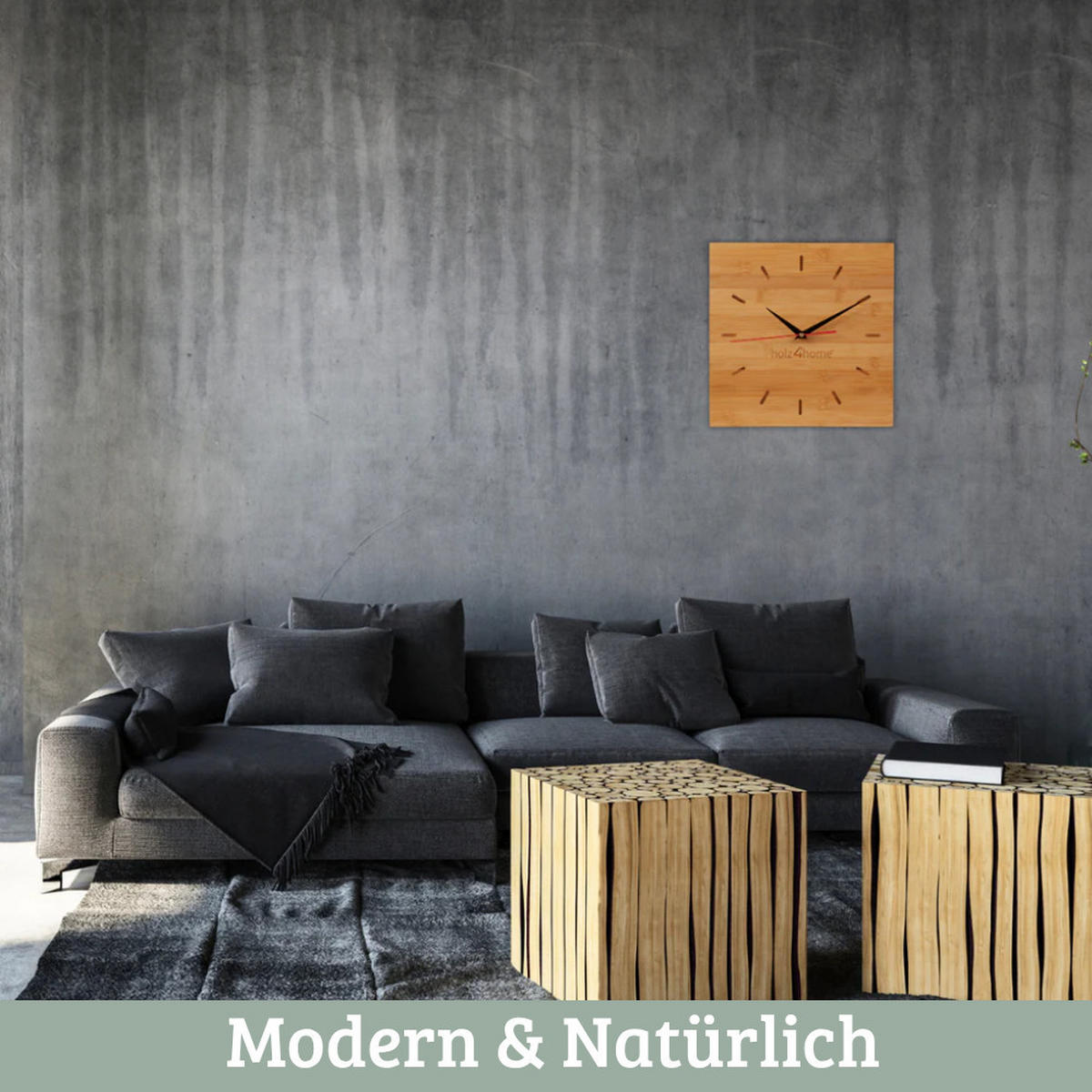 WANDUHR groß Holz BAMBUS 30x30 cm Quadratisch Geräuschlos - Braun, Holz (30/30/2cm) - DELUKE