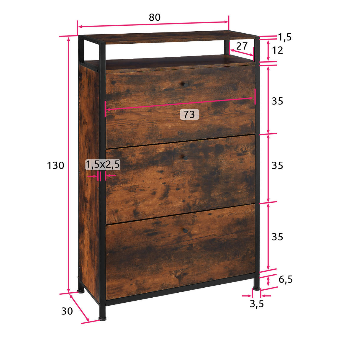 SCHUHSCHRANK Buffalo,inklusive Kippschutz, 81 x 32 x 130 cm,Industrial Holz dunkel, rustikal - Rostfarben, Holzwerkstoff (32/130/81cm) - tectake