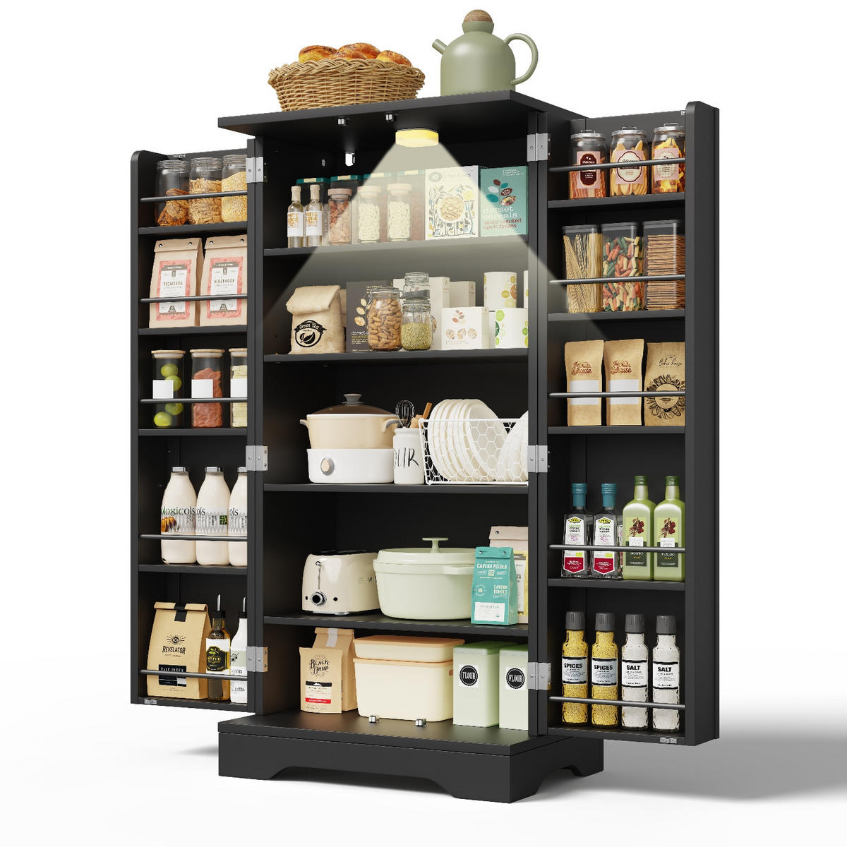 KÜCHENSCHRANK SCHWARZ 120CM MIT LED-BELEUCHTUNG, 60/120/40 cm, MDF, verstellbare Einlegeböden, für Küche und Esszimmer - Schwarz, Holzwerkstoff (40/120/60cm) - Rolipo