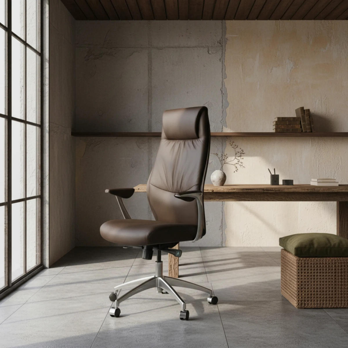 CHEFSESSEL Echtleder mit 3-Stufen-Synchronmechanik und Aluminiumfußkreuz TEMZA, Braun 67x58x125 cm - Silberfarben/Braun, Leder/Metall (67/125/58cm) - KADIMA DESIGN