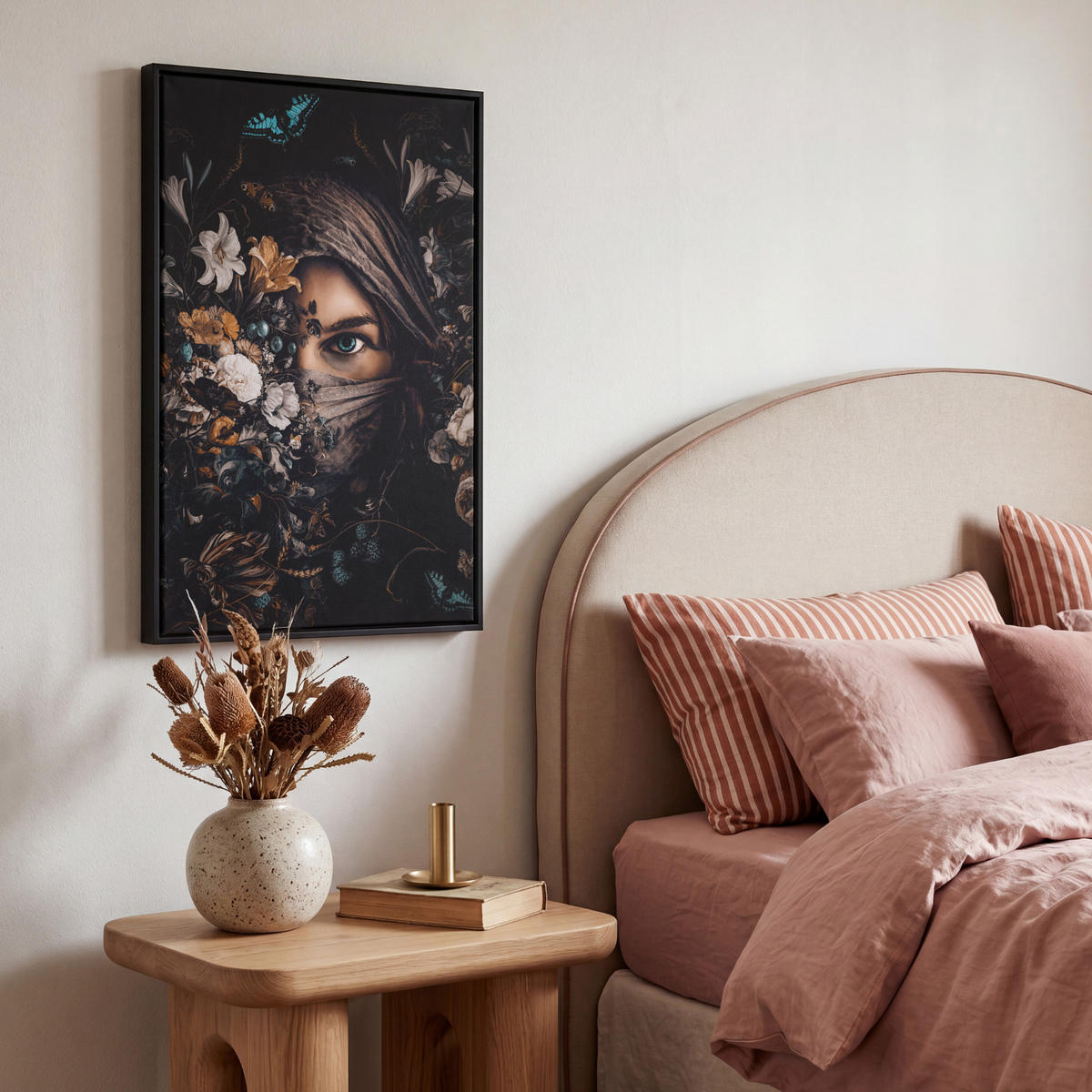 LEINWAND Bilder mit Rahmen - Frau - Luxus - Blumen - Schmetterling - Porträt - 40x60 - Schwarz, Textil (40/60cm) - MuchoWow