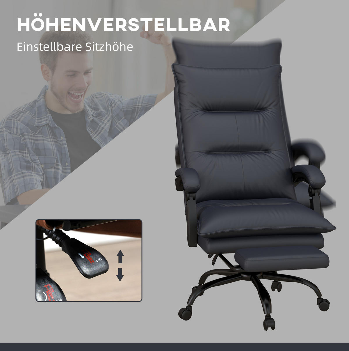 BÜROSTUHL mit Massagefunktion und Fußstütze höhenverstellbar Dunkelgrau - Dunkelgrau, Kunststoff (74/121.5/66cm) - Meubliv