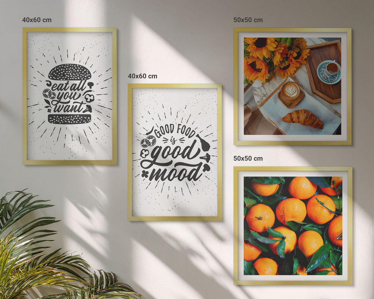 WANDBILDER 4er Set - 50x50 cm & 40x60 cm Goldrahmen - Juicy Oranges Kitchen - Goldfarben, Kunststoff (50/50cm) - ArtPrintCave