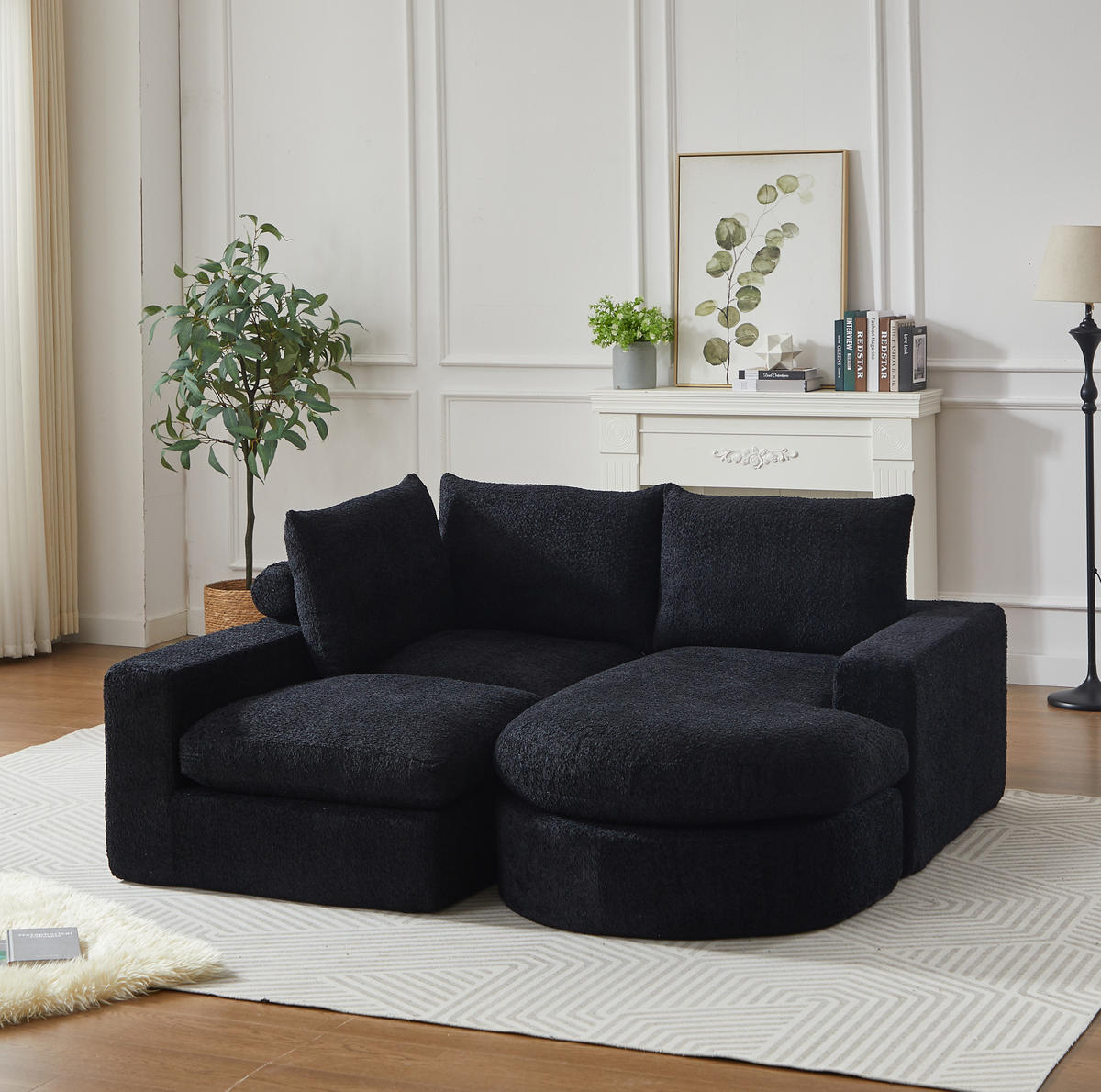 ECKSOFA aus Chenille Schwarz mit verstellbarer Chaiselongue, 4 Modulen und ohne Montage - Schwarz, Textil (250/160cm) - Modfu