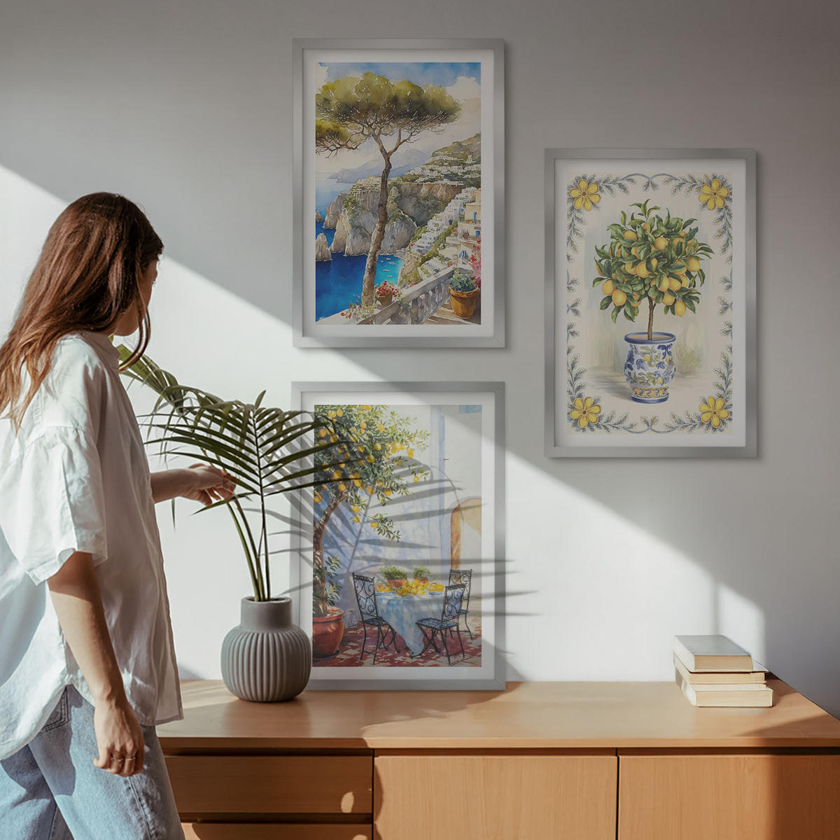 WANDBILDER 3er Set - 40x60 cm Silberner Rahmen - Blick auf das Meer aus Zitronenbäumen - Silberfarben, Kunststoff (40/60cm) - ArtPrintCave