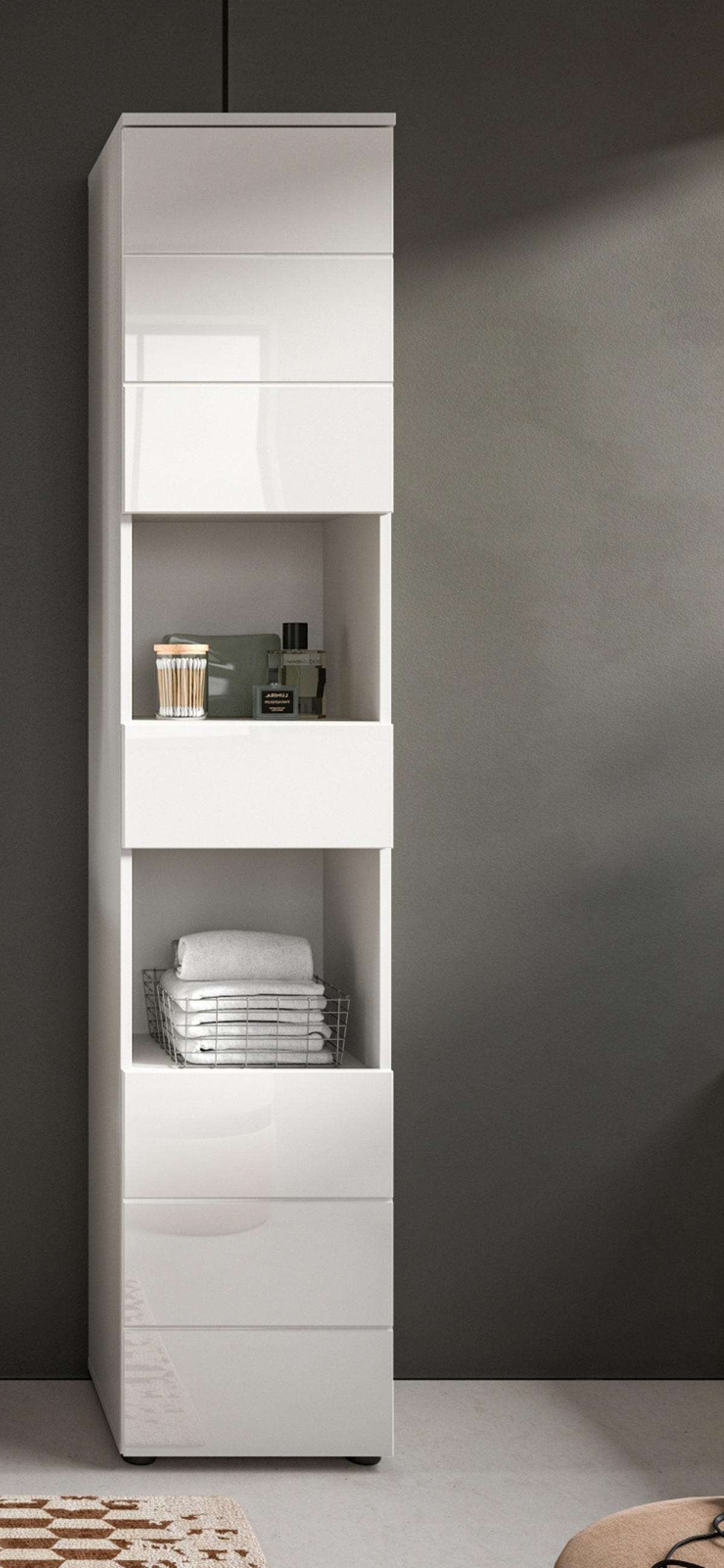 BADSCHRANK weiß Hochglanz 38 x 190 cm, Hochschrank mit viel Stauraum - Weiß Hochglanz/Schwarz, Holzwerkstoff/Kunststoff (38/190/34cm) - Inn.Furn