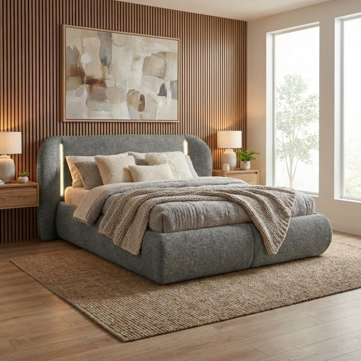 POLSTERBETT Corfu mit LED-Beleuchtung, mit Bettkasten, rundliche Formen, 140x200, Grau - Grau, Textil/Metall (140/200cm) - Beautysofa