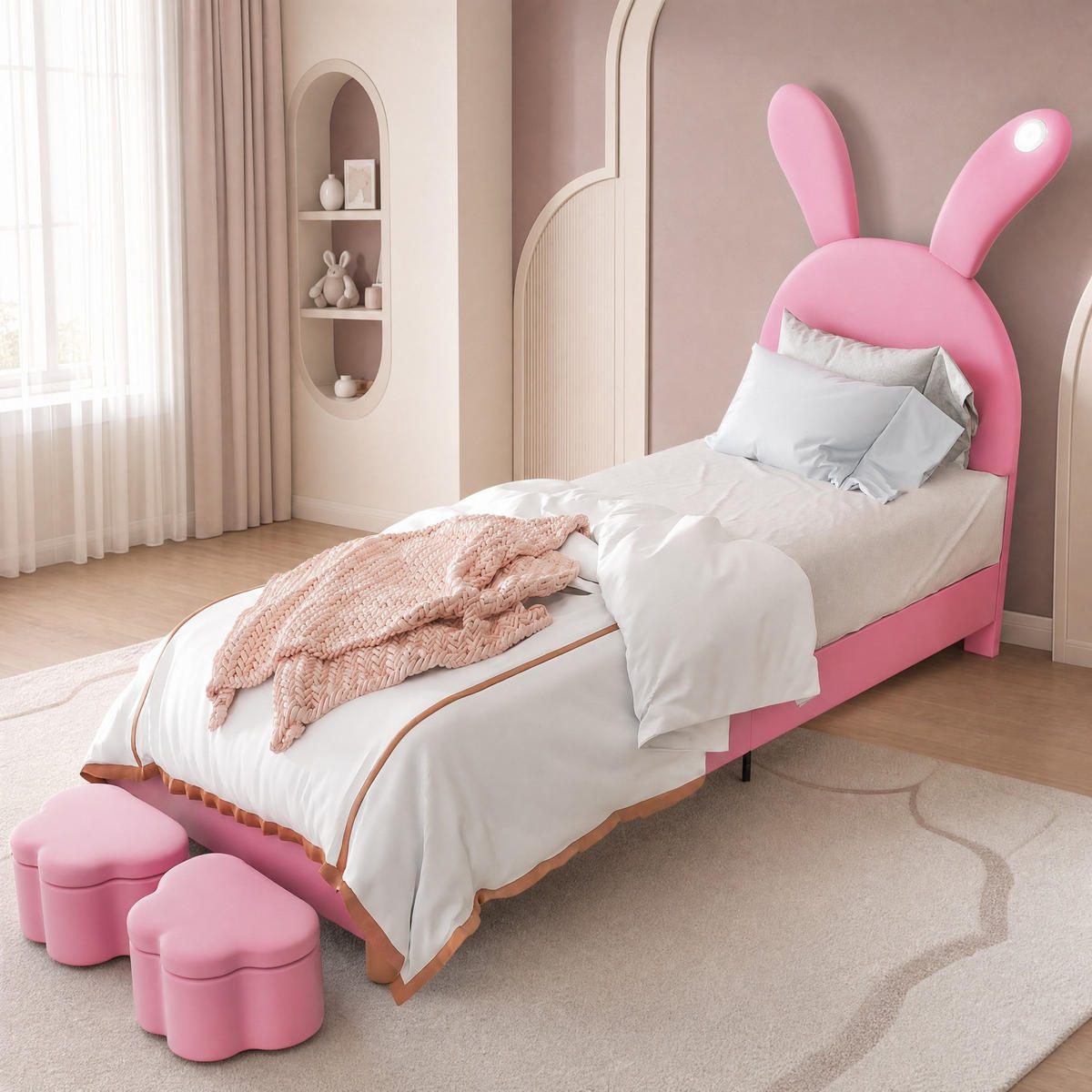 KINDERBETT 90/200 mit LED, Stauraumbänken und höhenverstellbarem Kopfteil in Rosa - Rosa, Holzwerkstoff/Textil (90/200cm) - EVRYAE