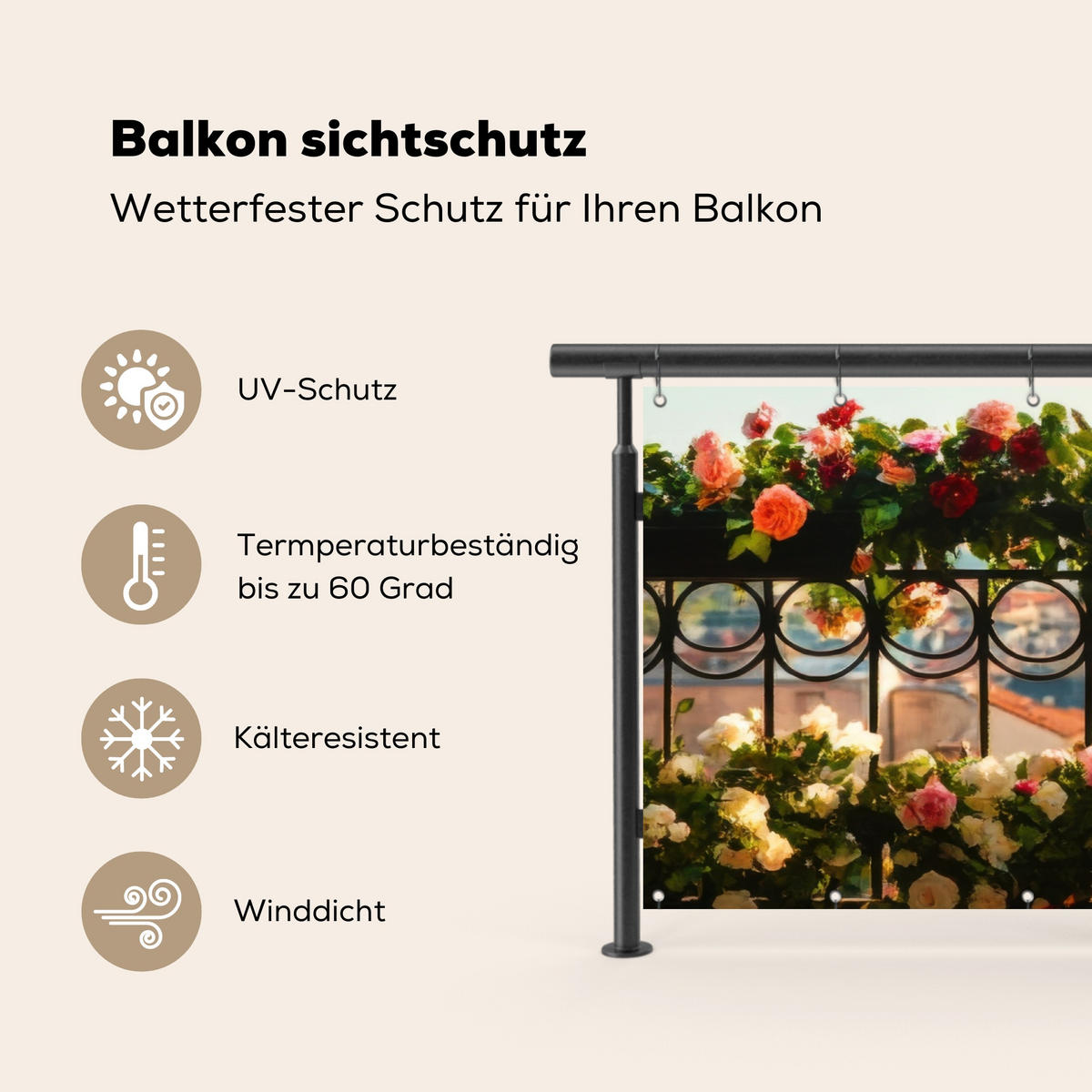 BALKON-SICHTSCHUTZ Blumen - Zaun - Stadtbild - Sommer - Pink, Kunststoff (200/90cm) - MuchoWow