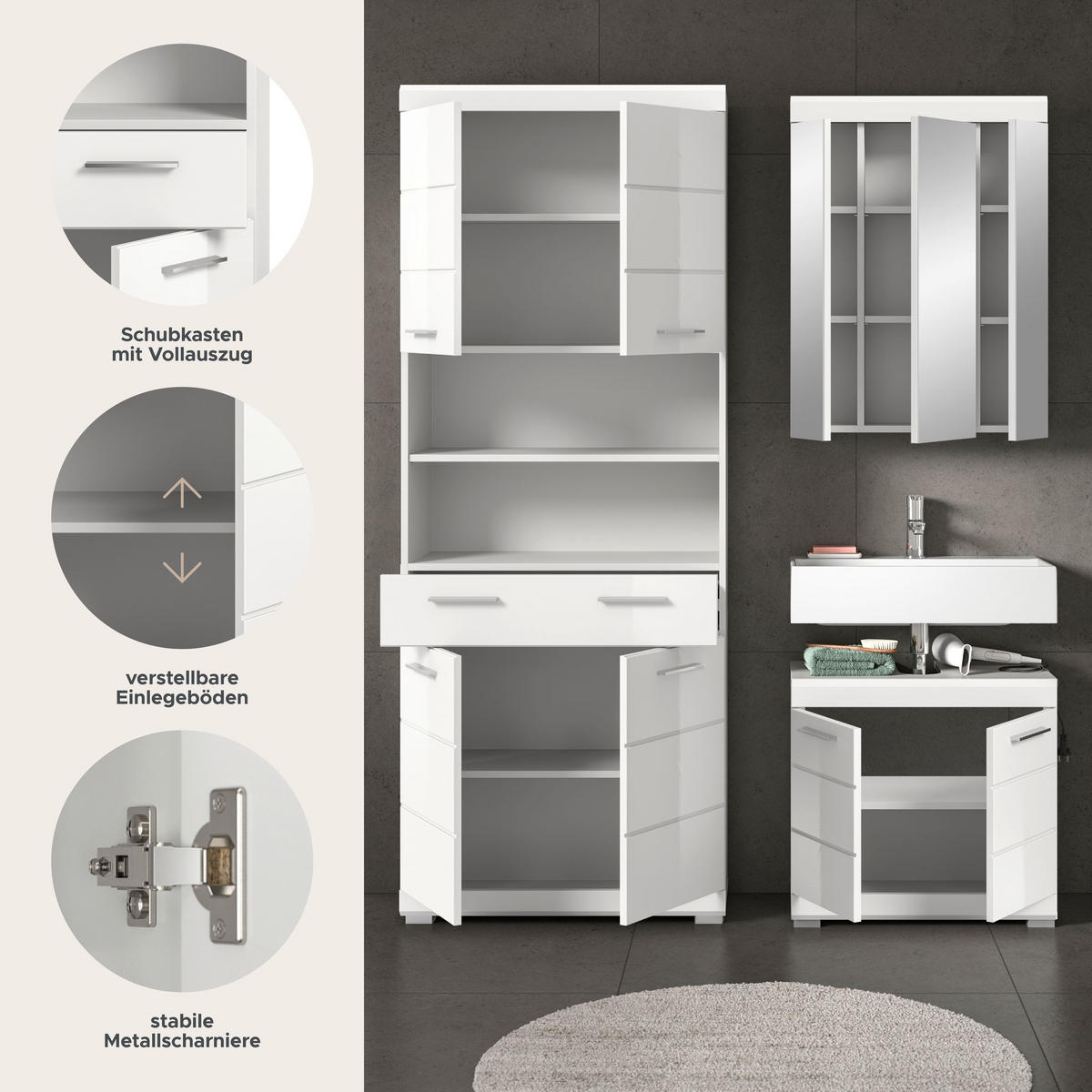 BADKOMBINATION 3tlg. Scout Bad in weiß Nachbildung und weiß hochglanz B/H/T: 149x191x34 cm - Weiß, Holz (149/191/34cm)
