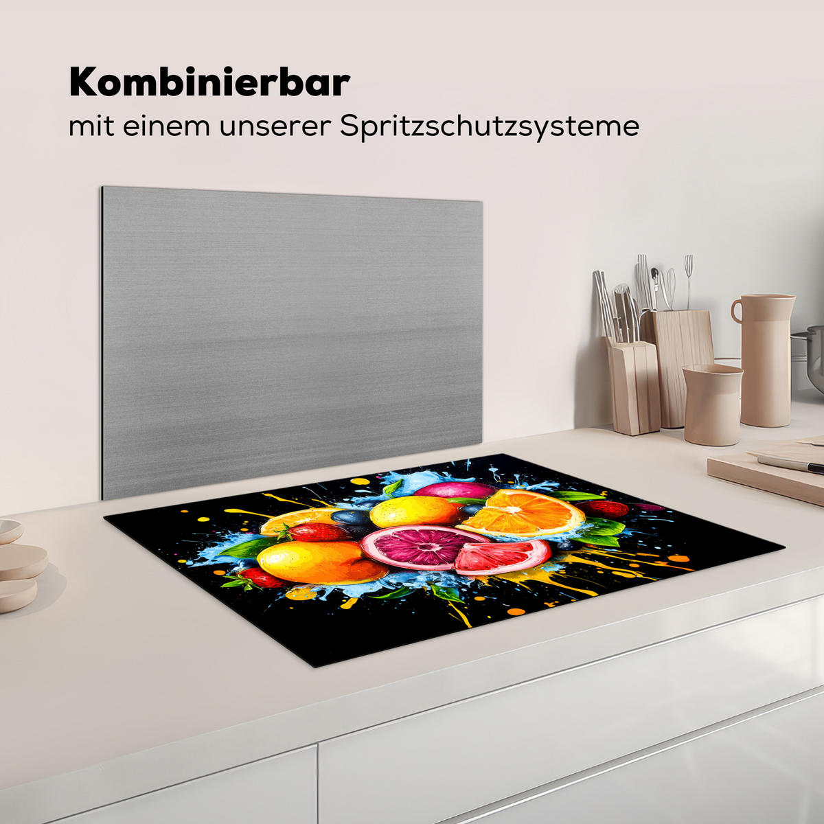 KRYT NA INDUKČNÍ DESKU Ovoce - graffiti - barevné - pomeranč - jahoda - abstraktní 75x52 cm - pomerančová, plast (75/52/0.2cm) - MuchoWow