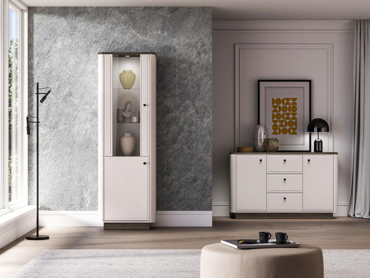 VITRINE Vilavio 2-türig Kaschmirgrau/Eichenoptik 65 cm - Taupe/Dunkelbraun, Holzwerkstoff (65/191.5/40cm) - Selsey