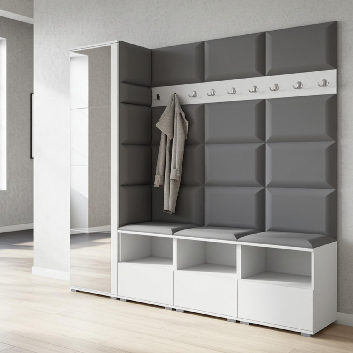 GARDEROBE NELA IX 200 cm (Modulare Flurmöbel Weiß mit Spiegel & Sitzpolster Dunkelgrau 15 Breite Sitzbank) - Dunkelgrau/Silberfarben, Holz/Holzwerkstoff (200/187/40cm) - Ravio