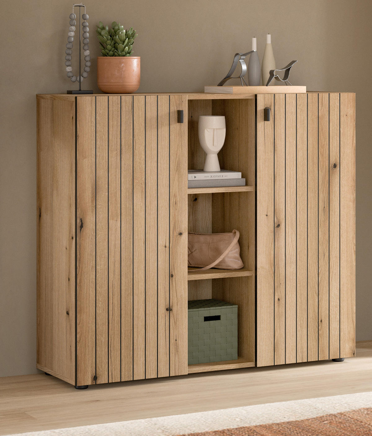 FLURKOMMODE Evoke Eiche 106 cm, Schuhschrank mit eingefräster Rillenoptik - Schwarz/Eiche Artisan, Glas/Holzwerkstoff (106/96/37cm) - Inn.Furn