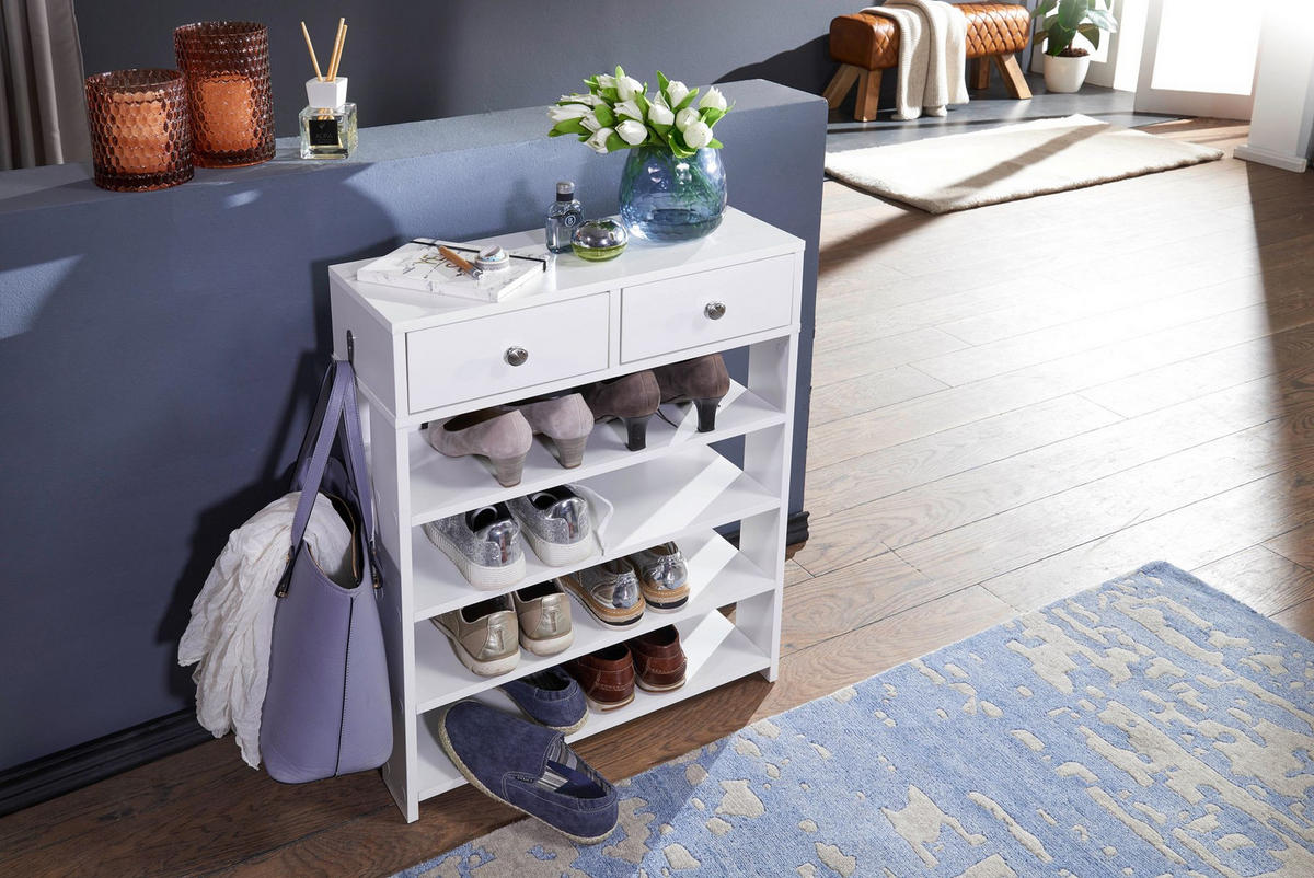 SCHUHREGAL – Weiß, Platz für 8–12 Paar Schuhe, mit Schubladen - Weiß, Holz/Metall (60/79/24cm) - KADIMA DESIGN