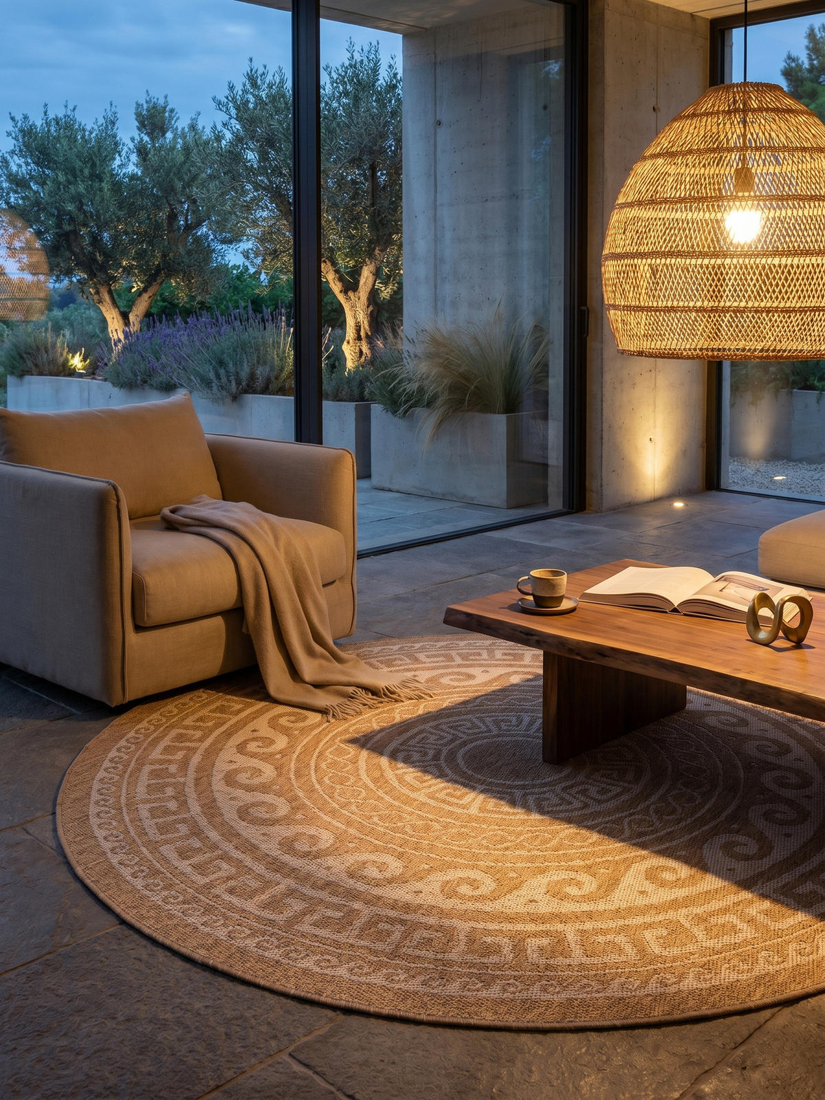 TEPPICH Balkon Retro Pflegeleicht Waschbar Terrasse Rund Beige 200x200 cm – KAUNS - Beige, Textil (200/200cm) - KADIMA DESIGN
