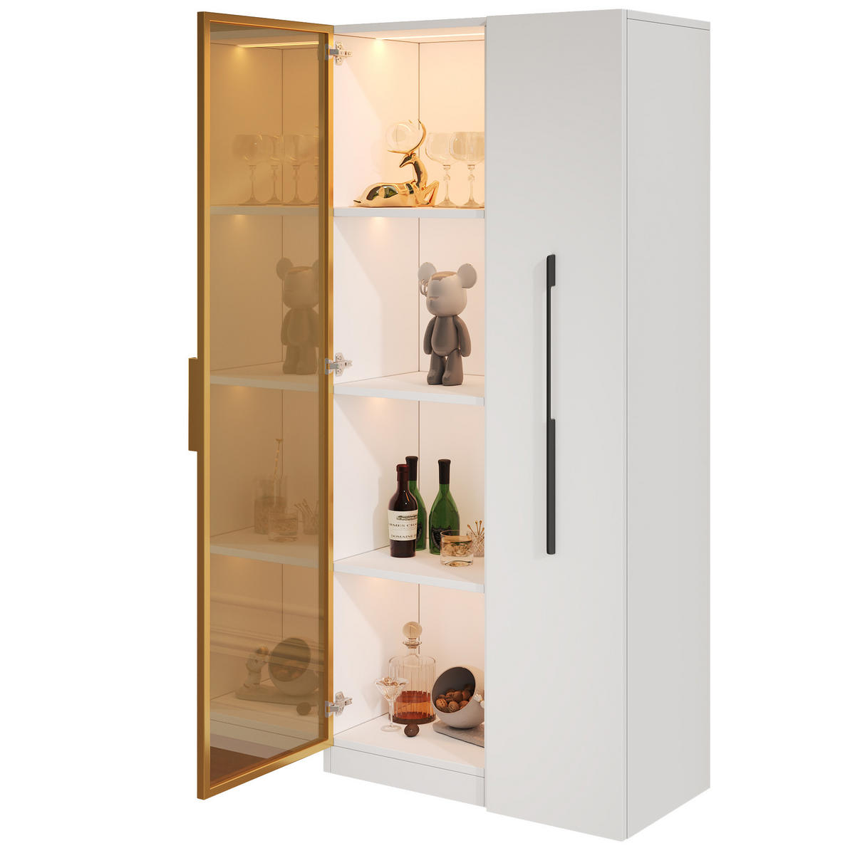 VITRÍNA z MDF 70x40x160 cm bílá s LED osvětlením a bočním úložným modulem - bílá, kompozitní dřevo (70/160/40cm) - Modfu