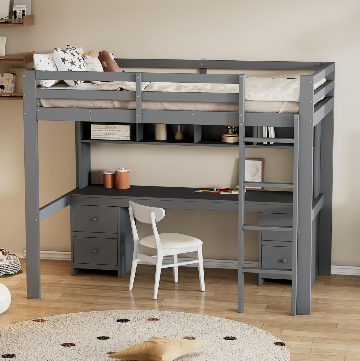 HOCHBETT 90/200 cm Grau mit Schreibtisch und Stauraum - Grau, Holz (90/200cm) - Flora Grace