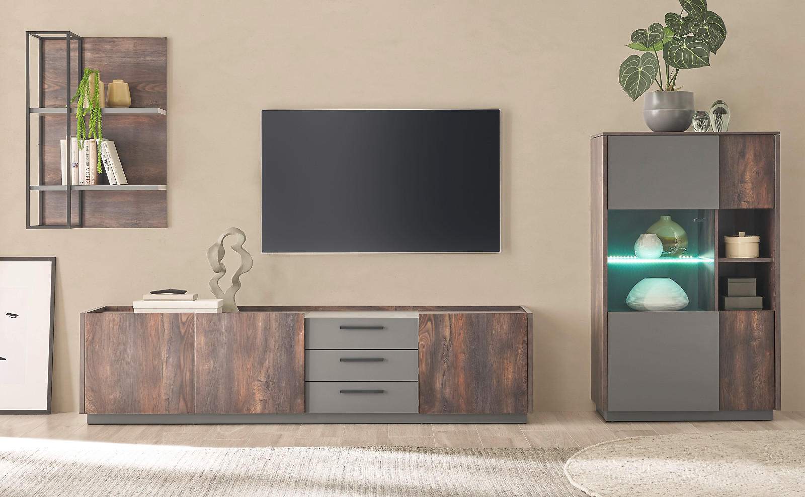 WOHNWAND Thermo Eiche, grau, Wohnkombination 3-teilig mit Soft-Close 320 x 180 cm - Eichefarben/Grau, Holzwerkstoff/Metall (320/180/45cm) - Furn.Design