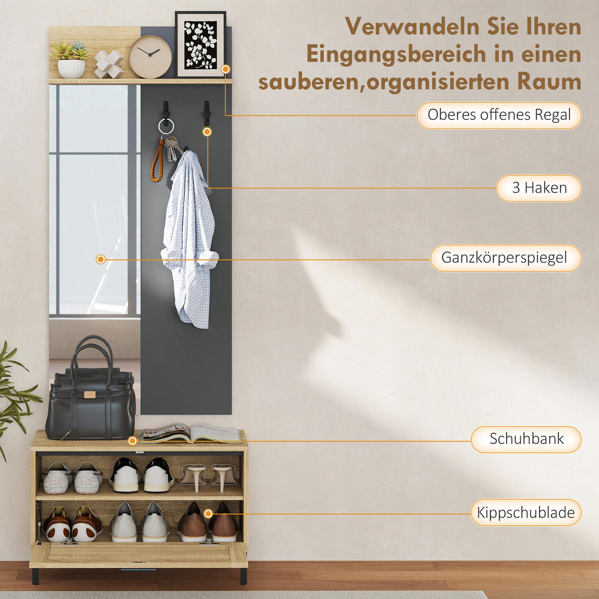 GARDEROBE Set, Garderobe mit Spiegel, Haken, Schuhbank, Ablage, Klappschublade - Schwarz/Naturfarben, Holzwerkstoff/Metall (13.5/127.5/60cm) - HOMCOM