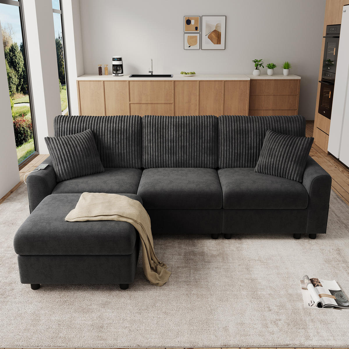 ECKSOFA 223/146/84 cm Schwarz mit 1 Fußhocker, 2 quadratischen Kissen, 1 USB-Anschluss und 1 Type-C-Anschluss - Schwarz, Textil (146/84/223cm) - Oxeza