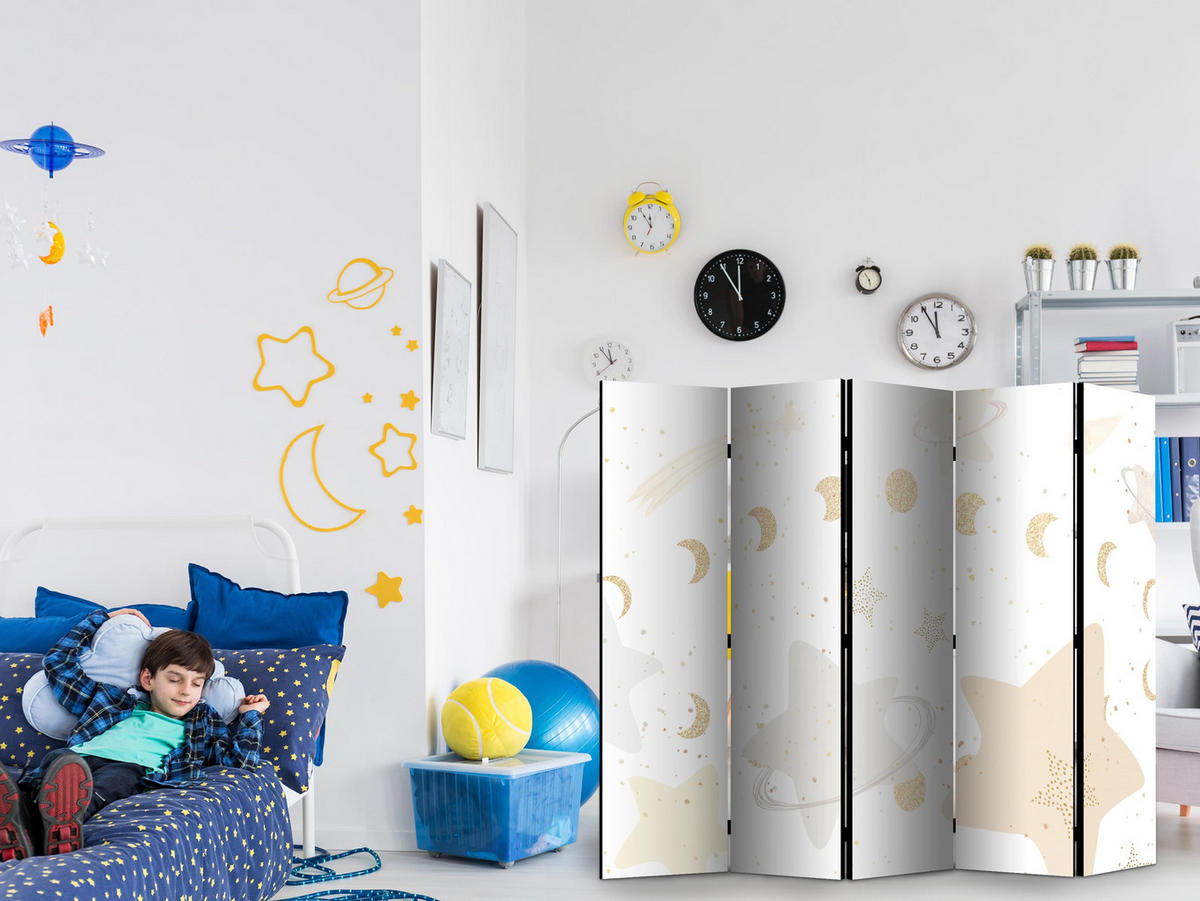 PARAVENT Beidseitig Bedruckter 5-tlg 225x172 cm Sterne Monde Kinder - Gelb, Holz/Textil (225/172/3cm) - Muralo