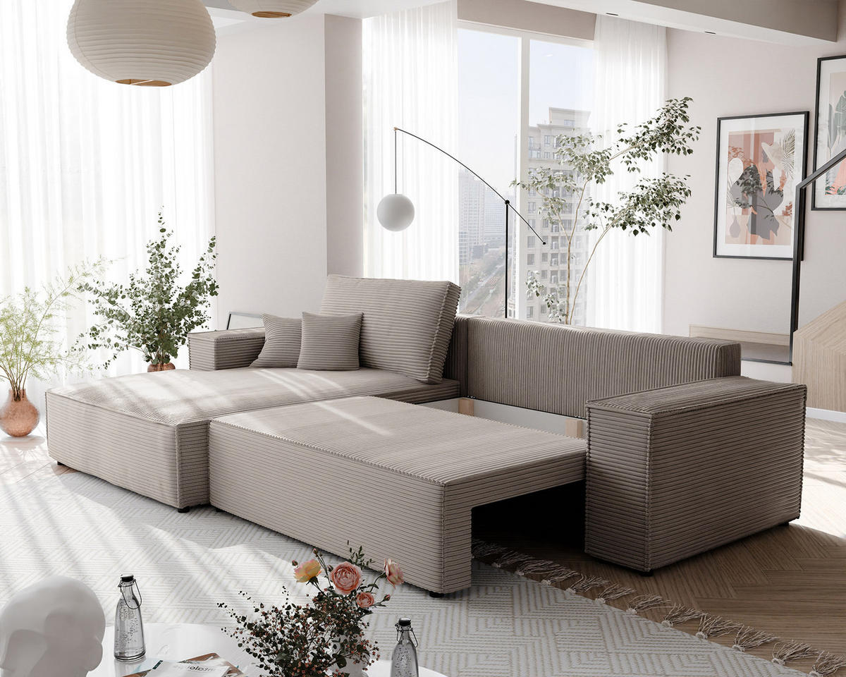 ECKSOFA NOVA mit Schlaffunktion und Bettkasten Cappuccino - Cappuccino, Holzwerkstoff/Kunststoff (250/90cm) - Idohome
