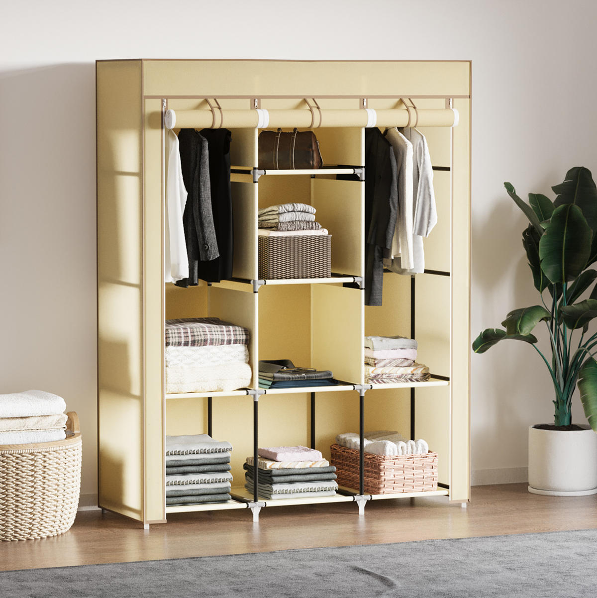 KLEIDERSCHRANK 125/43/162,5 cm aus Stoff in Beige mit 8 Fächern und 2 Kleiderstangen - Beige, Metall (125/162.5/43cm) - BEAOK