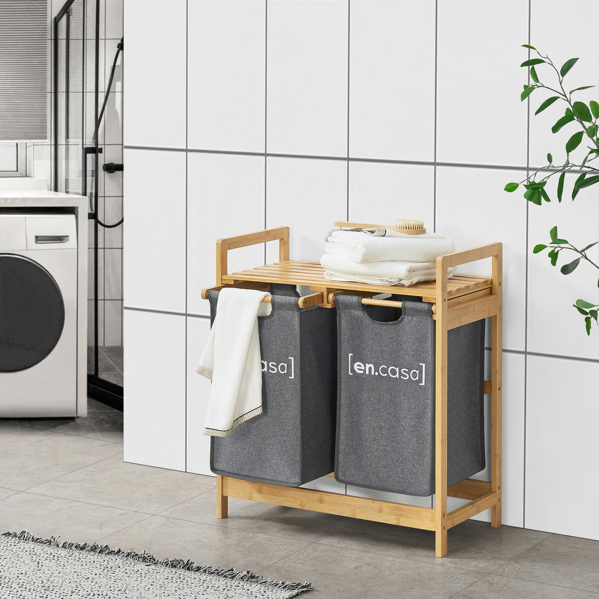 WÄSCHEREGAL Kärkölä - Naturfarben/Grau, Holz/Textil (63.5/73/33cm) - [en.casa]