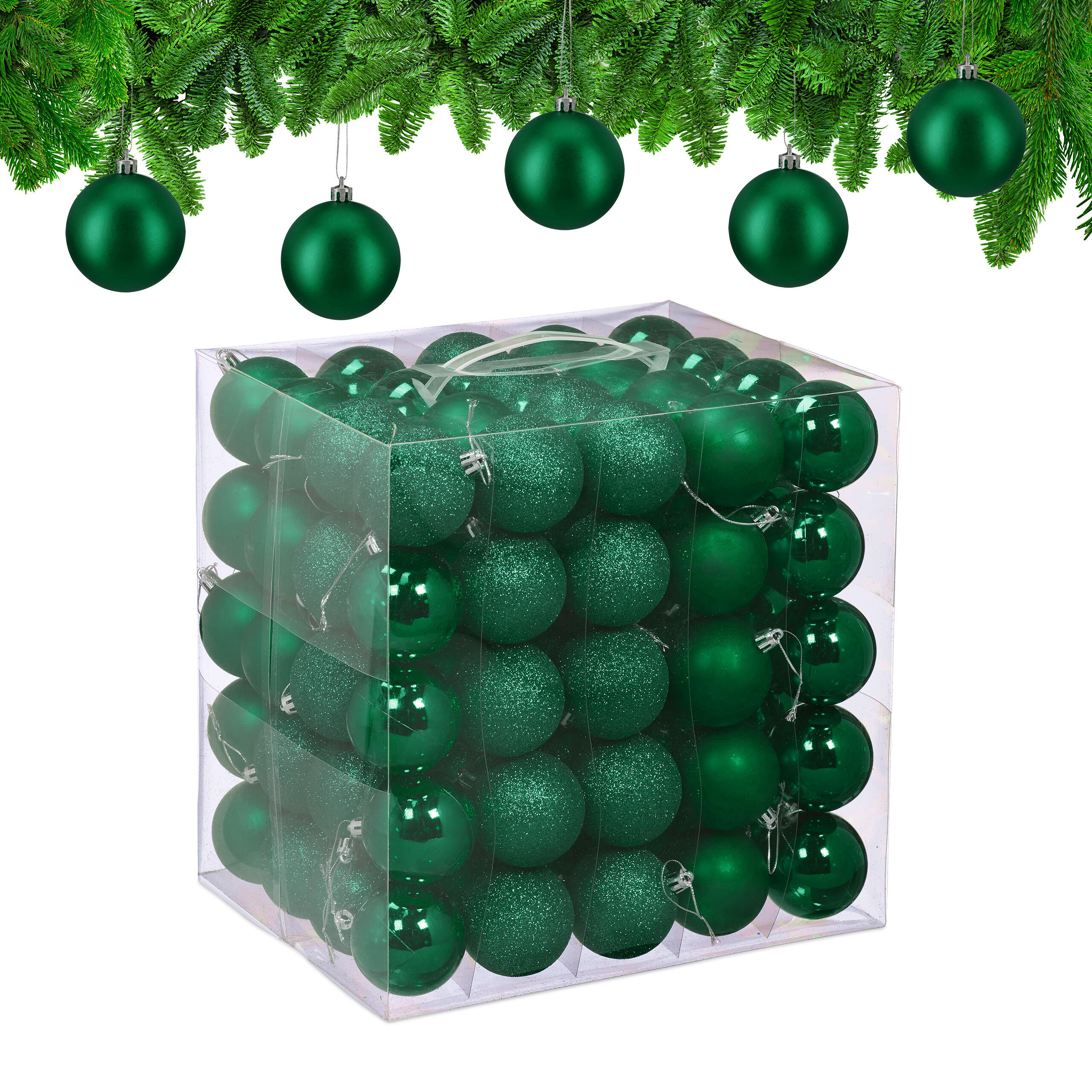 100XWEIHNACHTSKUGELN - Dunkelgrün, Kunststoff (6/7/6cm) - Relaxdays