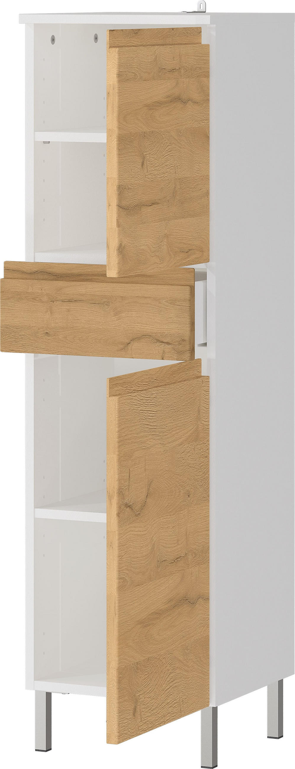 HOCHSCHRANK Weiß und Eiche Grandson 34x120x34cm mit verstellbaren Einlegeböden, griffloser Front und Chromfüßen VEER - Weiß, Holz/Metall (34/120/34cm) - KADIMA DESIGN