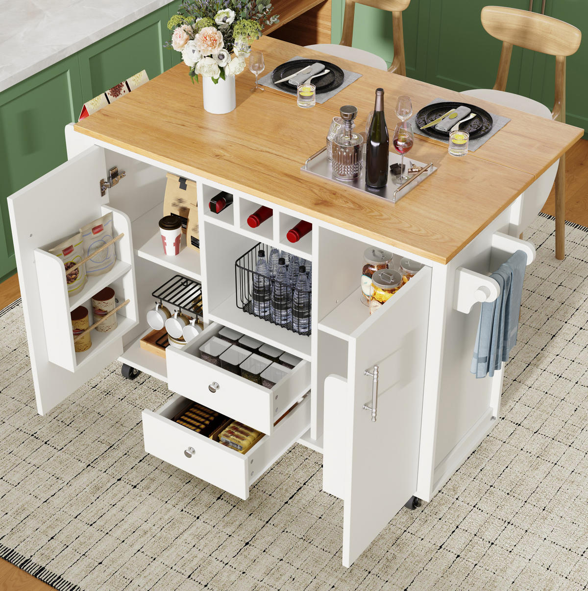 KÜCHENINSEL 137,9/92,2/73 cm Weiß aus MDF und Metall mit klappbarer Arbeitsplatte - Weiß, Holzwerkstoff (73/92.5/137.9cm) - OKMYHOME