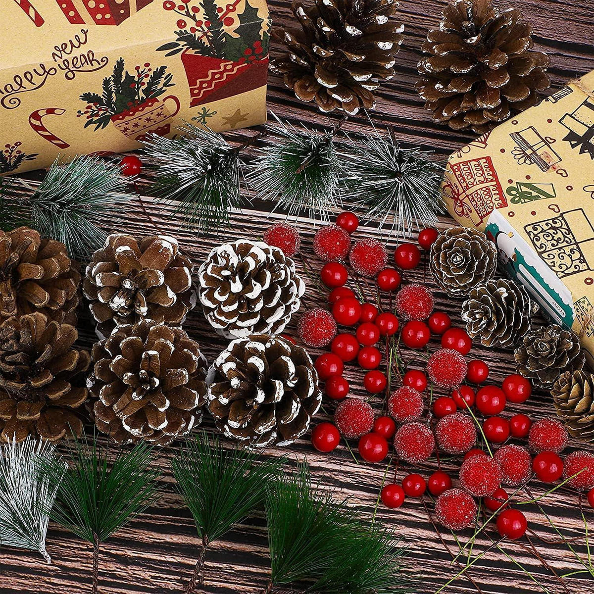 WEIHNACHTSDEKO Set 130 Teile mit Tannenzweigen, Beeren und Tannenzapfen - Multicolor, Kunststoff (10cm)