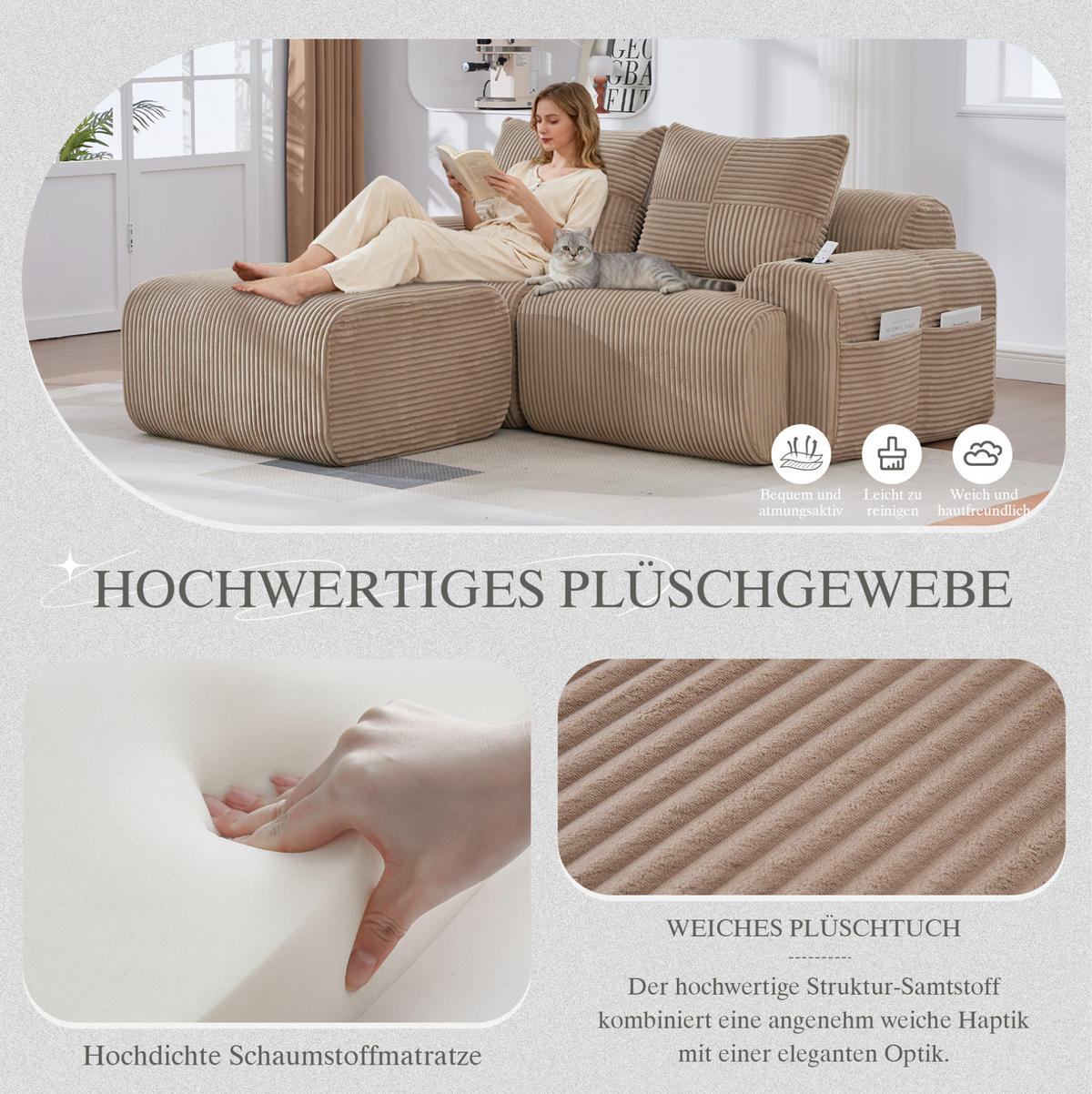ECKSOFA 200/174/80 cm khaki aus Cord mit Cupholder und Seitentasche - Sandfarben, Textil (174/200cm) - OKWISH