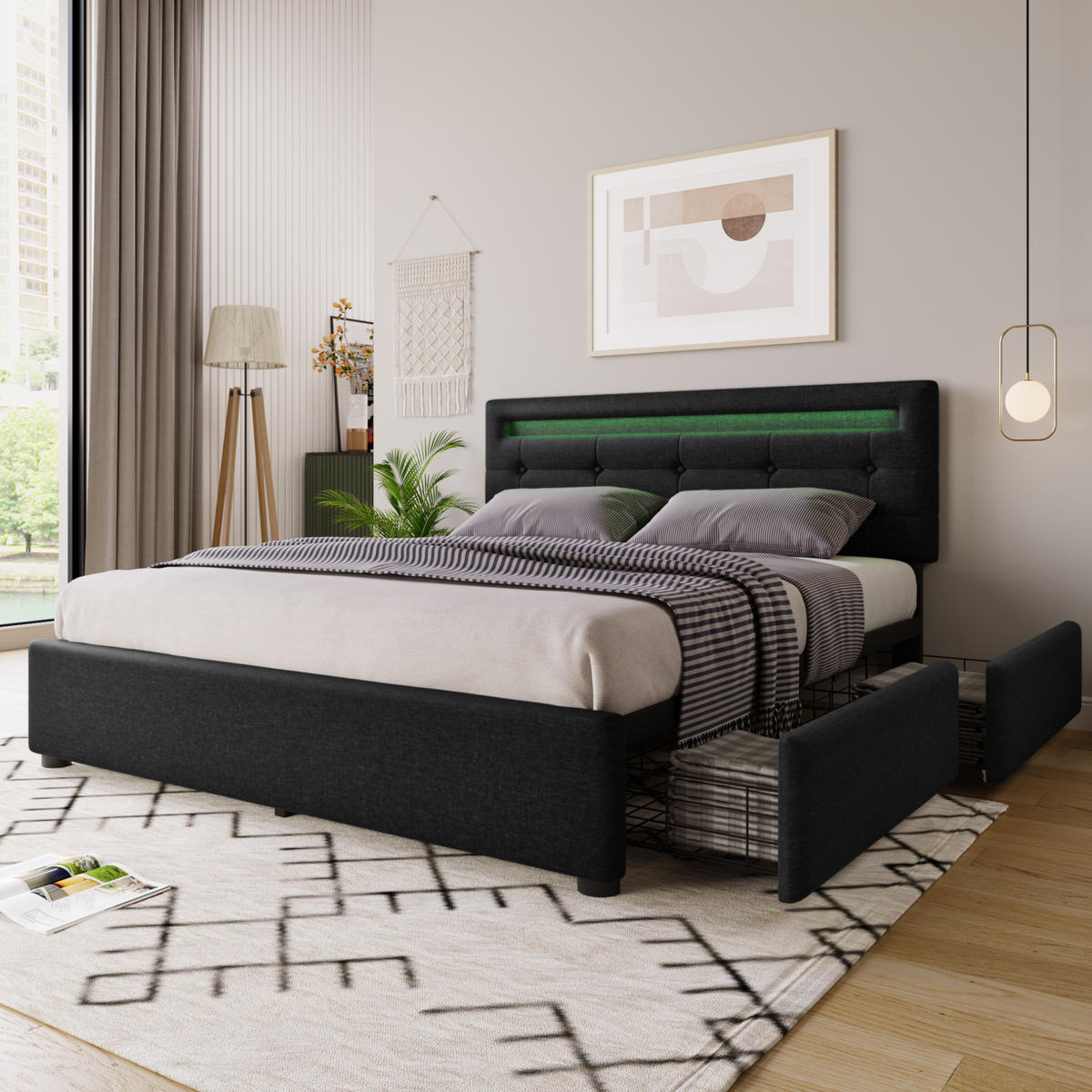 BETT mit LED und 4 Schubladen 140x200 cm Leinen Schwarz - Schwarz, Metall (140/200cm) - Meubliv