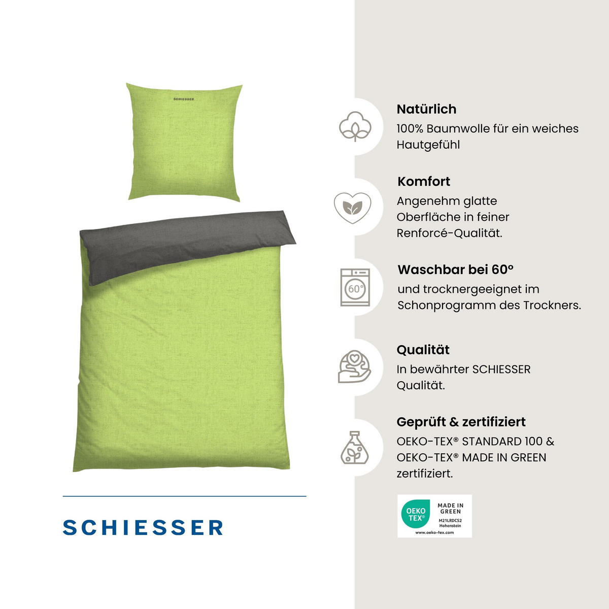 BETTWÄSCHESET Doubleface - Renforcé - 2-teilig - 155 x 220 cm - Grün-Dunkelgrau - Dunkelgrau/Grün, Textil (155/220cm) - SCHIESSER