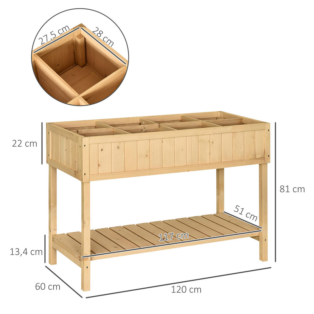 PFLANZTISCH Hochbeet Blumenkasten mit Abfluss Ablage, Tanne Massivholz, Natur - Fichtefarben, Holz (120/60/81cm) - Outsunny