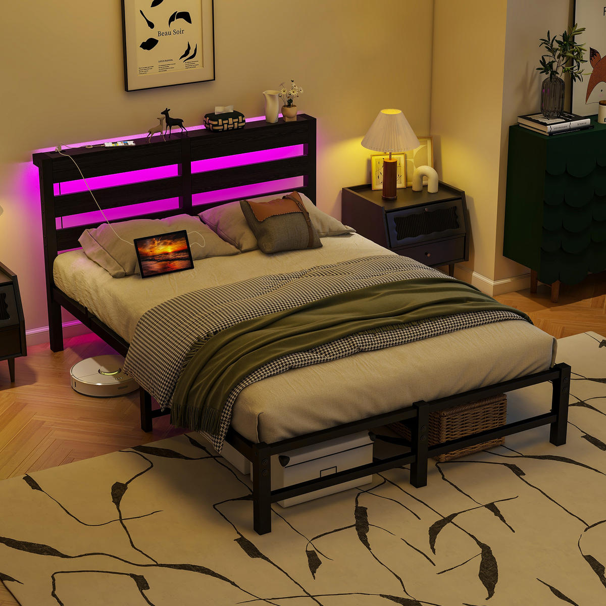 METALLBETT 120x200 cm LED USB Stauraum - Schwarz, Metall (120/200cm) - Fortuna Lai