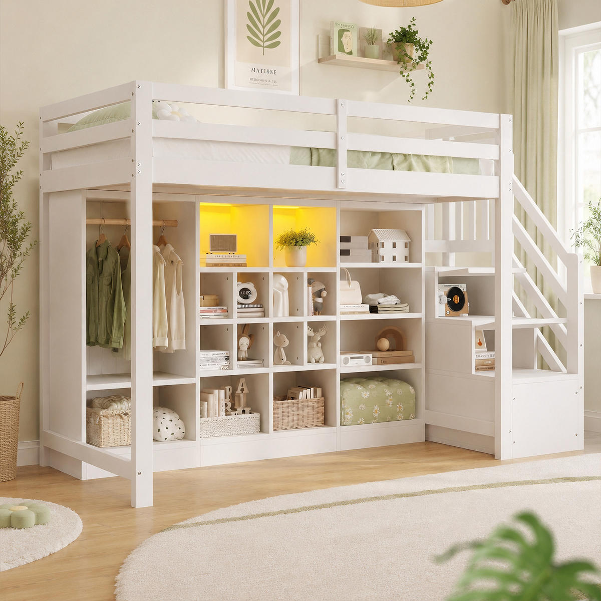 HOCHBETT 90x200cm Stauraum Schrank LED Weiß - Weiß, Holz (90/200cm) - FLIEKS