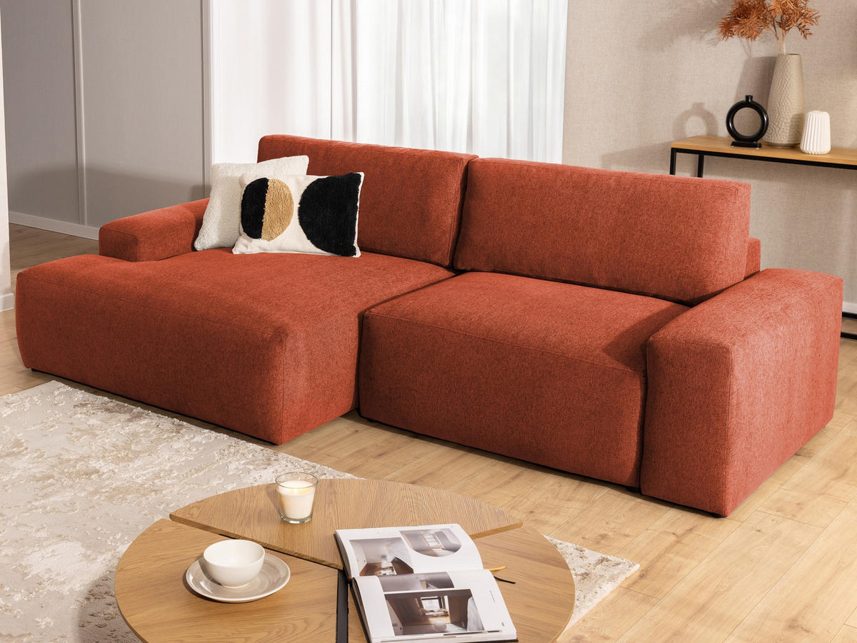 ECKSOFA Lennon aus Terrakotta Strukturstoff mit Schlaffunktion und Bettkasten - Terracotta/Schwarz, Holz/Kunststoff (137/264cm) - S-Style