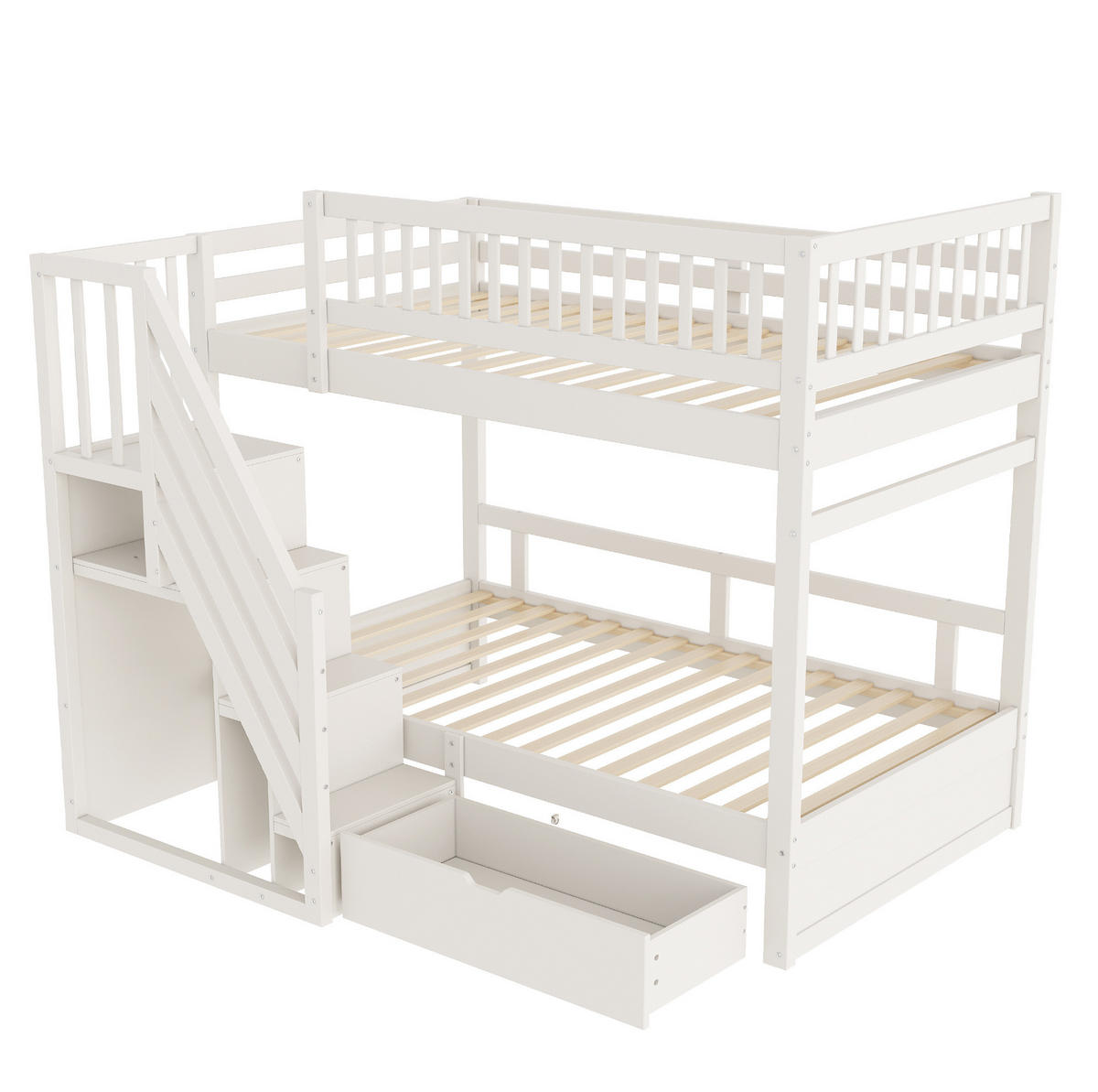 ETAGENBETT aus Kiefernholz 90x200 cm Weiß mit Stauraumtreppe und Stauschublade - Weiß, Holzwerkstoff (90/200cm) - IVMEU
