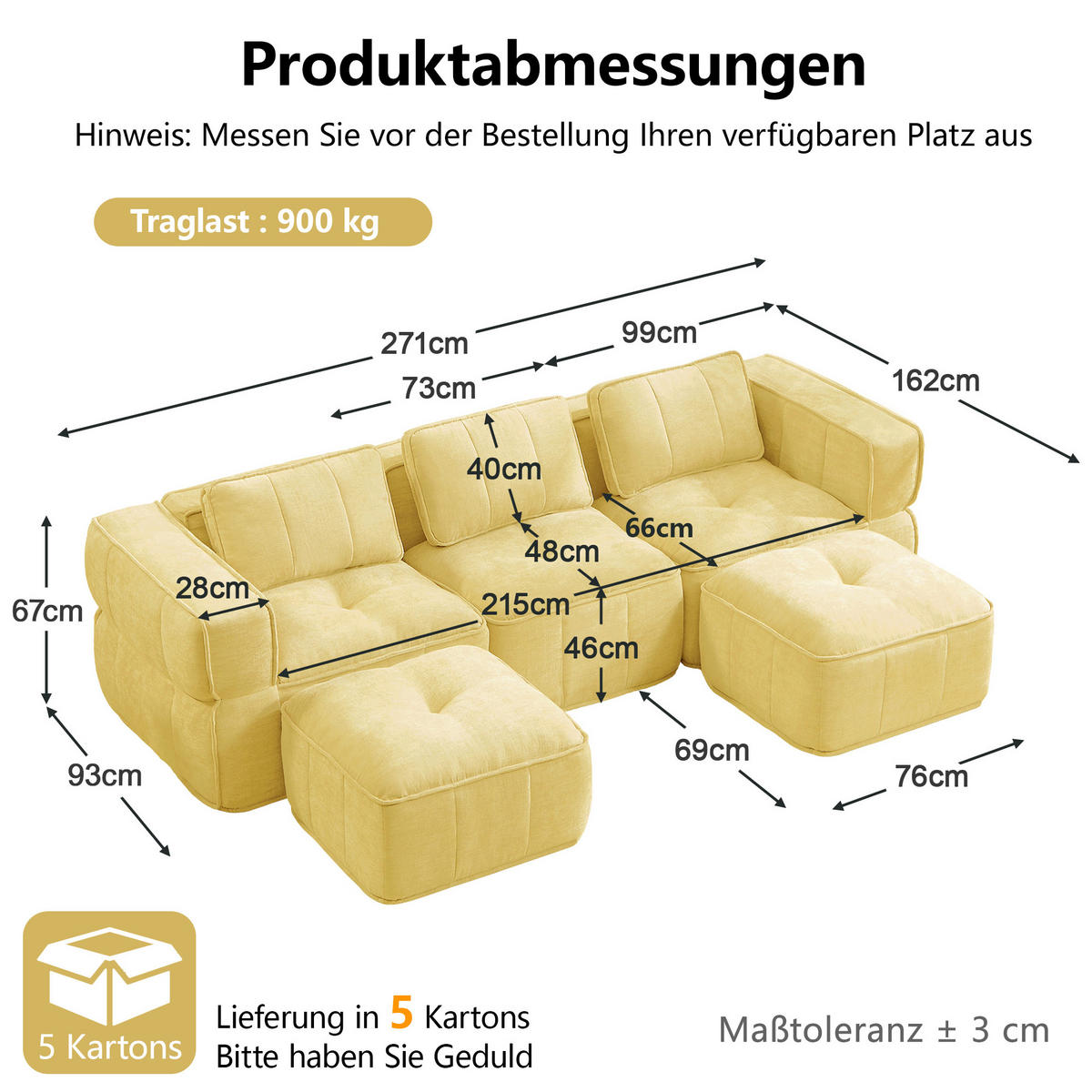 WOHNLANDSCHAFT DE-34428 U-Form mit 2 Hockern Gelb - Gelb, Textil (162/67/271cm) - ComfortXL