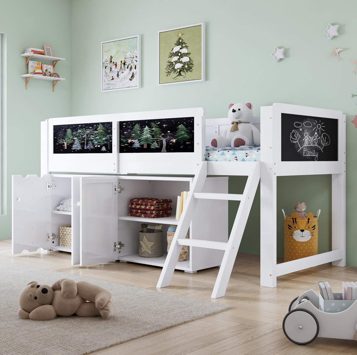 HOCHBETT 90/200 cm in Weiß mit Stauraumschrank und Kreidetafel - Weiß, Holzwerkstoff (90/200cm) - Flora Grace